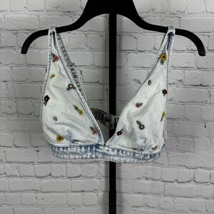 Wild Fable Denim Embroidered Flower Cropped Top Size XS